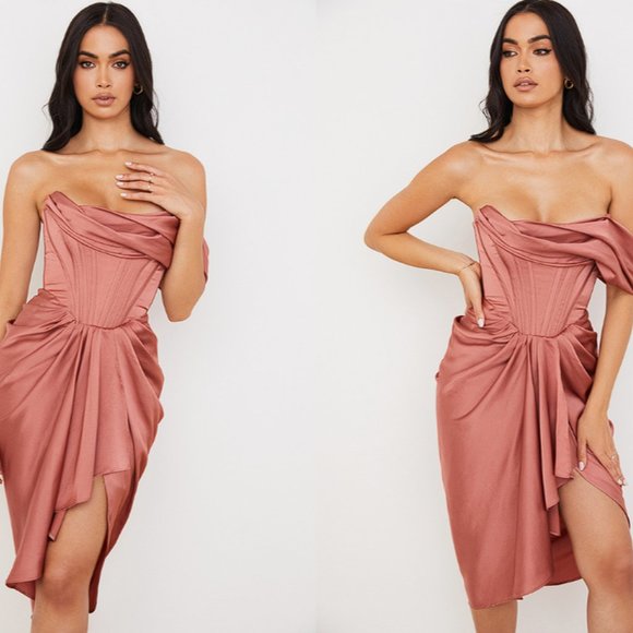 House of CB ‘Janis’ Rouge Satin One Shoulder Draped Midi Dress NWOT - Picture 11 of 17